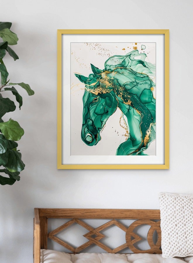 Art Decor Art Decor Green and Gold Horse Watercolor Abstract Water Color Ink Art with Matboard Wall Art Framed Fine Art Wall Décor for Living Room Bedroom Dining Room Office Gifting - Image 2