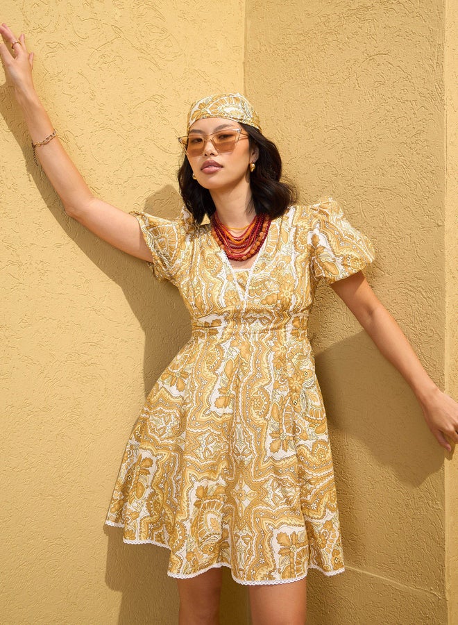 Sassafras Yellow All Over Print Mini Dress - Image 1