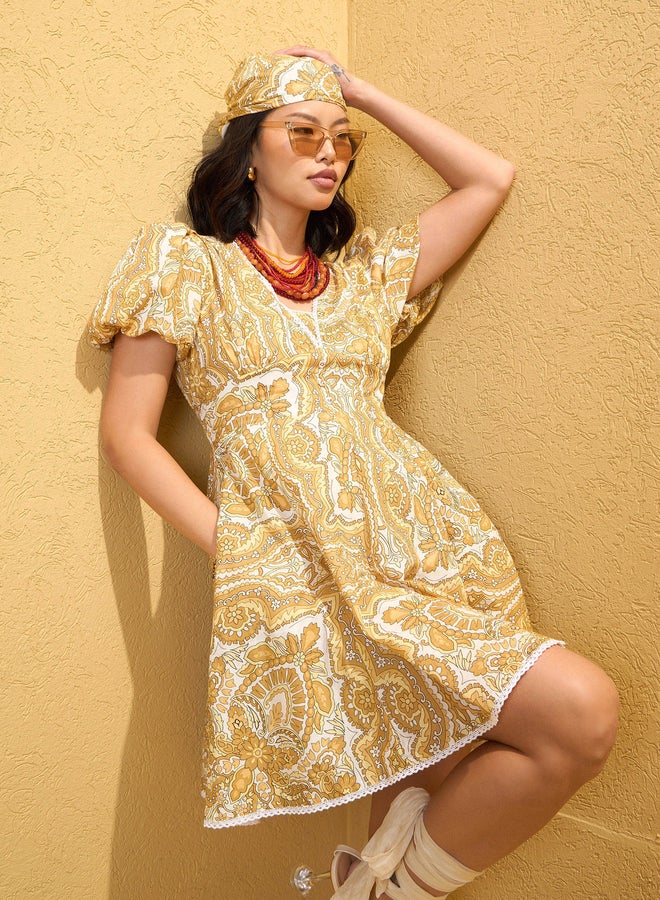 Sassafras Yellow All Over Print Mini Dress - Image 3