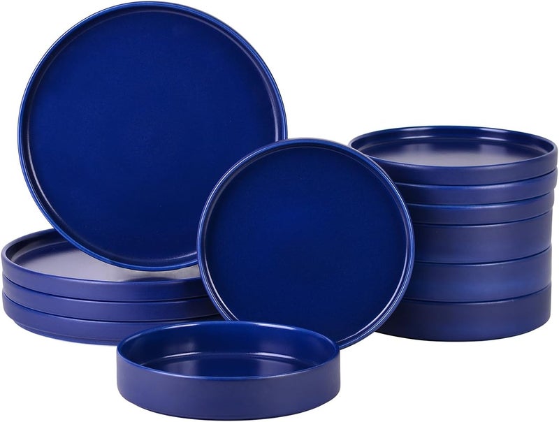 222 Fifth Kaden 12Piece Blue Stoneware Dinnerware Set  Service for 4 Plate  Bowl Set Contemporary Design for Everyday Dining  Entertainment Microwave  Dishwasher Safe - Image 1