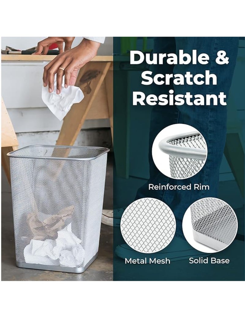 Yuwell Square Recycling Open Top Mesh Trash Can Waste Basket Without Lid For Home Office College Kitchen And Bathroom Commercial Trash Can Fits Under Desk 27X22CM Silver  - Image 5
