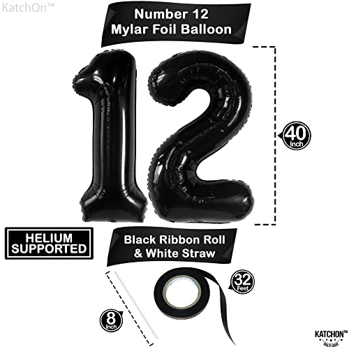 KatchOn Black 40 Inch Giant 12 Balloon Birthday Anniversary Decorations Unisex Helium Supported Self Sealing Includes 32ft Ribbon Straw 12th Birthday Boy Party - Image 5