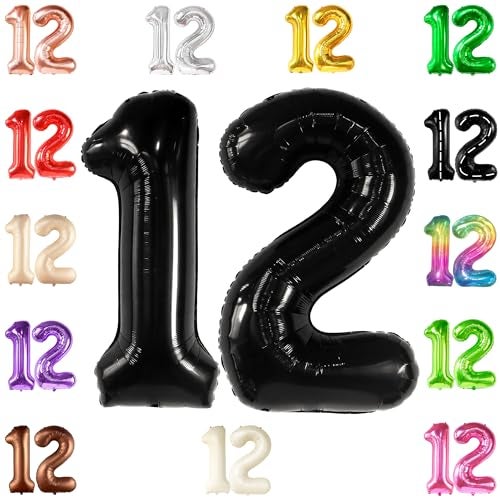 KatchOn Black 40 Inch Giant 12 Balloon Birthday Anniversary Decorations Unisex Helium Supported Self Sealing Includes 32ft Ribbon Straw 12th Birthday Boy Party - Image 1