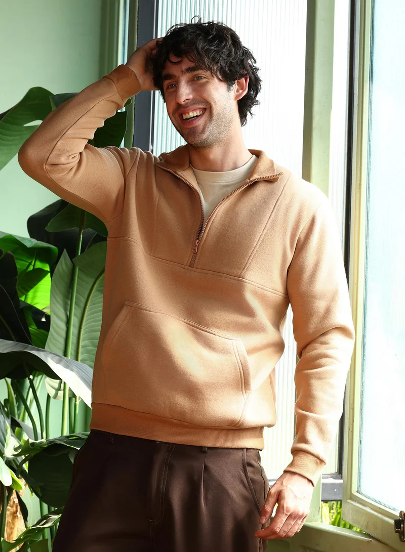 Campus Sutra Men Panel-Stitch Knit Sweatshirt | High Neck, Long Ribbed-Cuff Sleeves | Half-Zip , Ribbed-Straight Hem | Solid Plain | Knitted Fabric For Casual & Daily Wear | Rust Orange