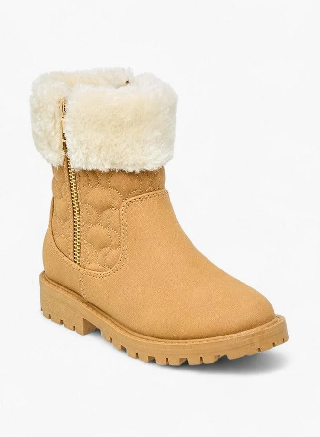 Little Missy TAN Quilted Ankle Boots with Faux Fur and Zip Closure for Women | Best Price UAE