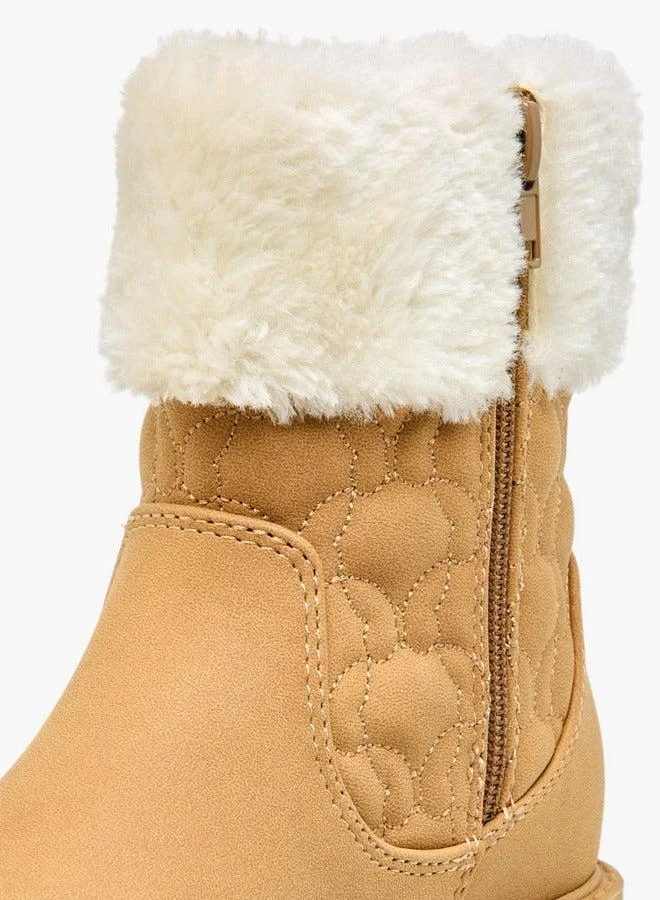 Little Missy TAN Quilted Ankle Boots with Faux Fur and Zip Closure for Women | Best Price UAE