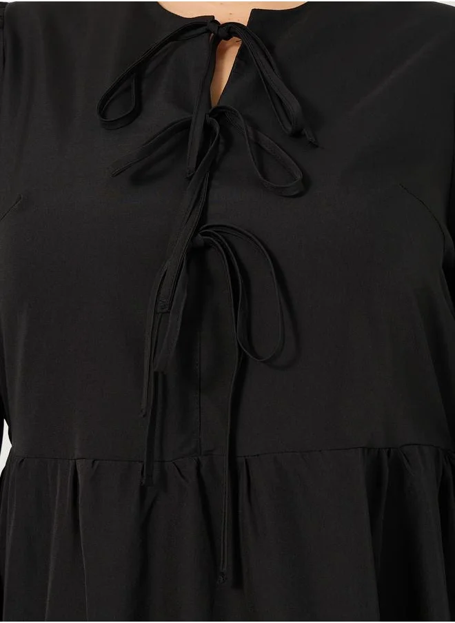 Styli Solid A-Line Maxi Dress with Tie-Up Bow Detail