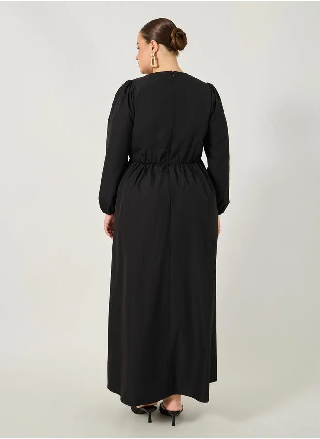 Styli Solid A-Line Maxi Dress with Tie-Up Bow Detail