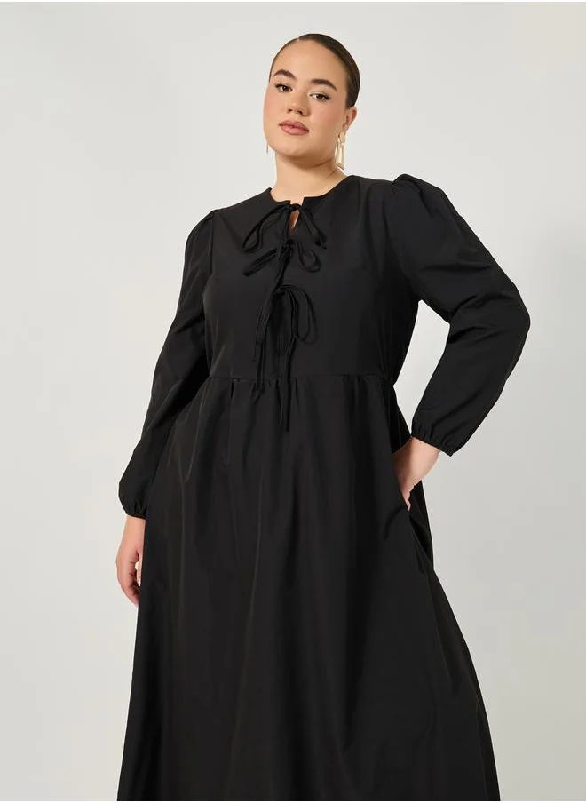 Styli Solid A-Line Maxi Dress with Tie-Up Bow Detail