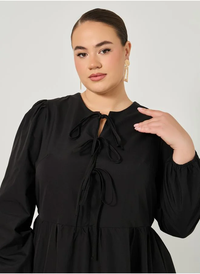 Styli Solid A-Line Maxi Dress with Tie-Up Bow Detail