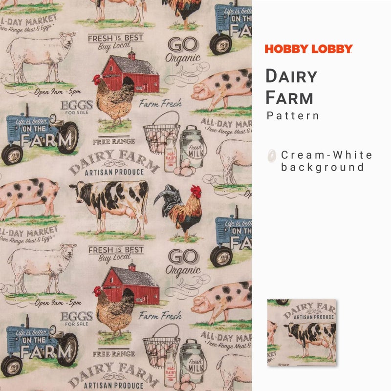 Hobby Lobby Dairy Farm Cotton Calico Fabric (1 Yard) - Printed Sewing Lightweight Precut Fabric for Clothes, Homeware & Accessories - Image 2