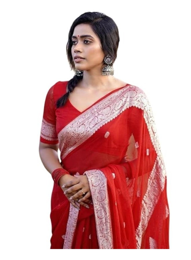 مملكة الإكسسوارات ساري حريري قطن كانجيفارام ناعم خالص للسيدات طراز باناراسي مع قطعة بلوزة لحفلات الزفاف (فاطمة-51) - Image 1