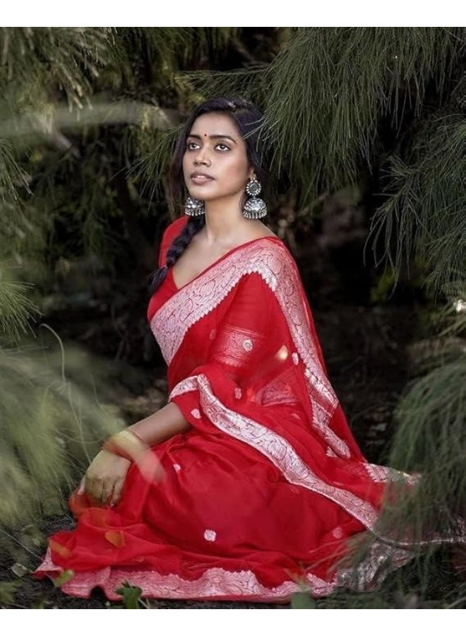 مملكة الإكسسوارات ساري حريري قطن كانجيفارام ناعم خالص للسيدات طراز باناراسي مع قطعة بلوزة لحفلات الزفاف (فاطمة-51) - Image 2