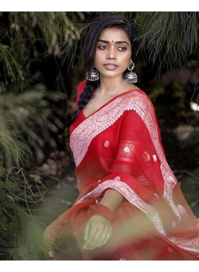 مملكة الإكسسوارات ساري حريري قطن كانجيفارام ناعم خالص للسيدات طراز باناراسي مع قطعة بلوزة لحفلات الزفاف (فاطمة-51) - Image 3