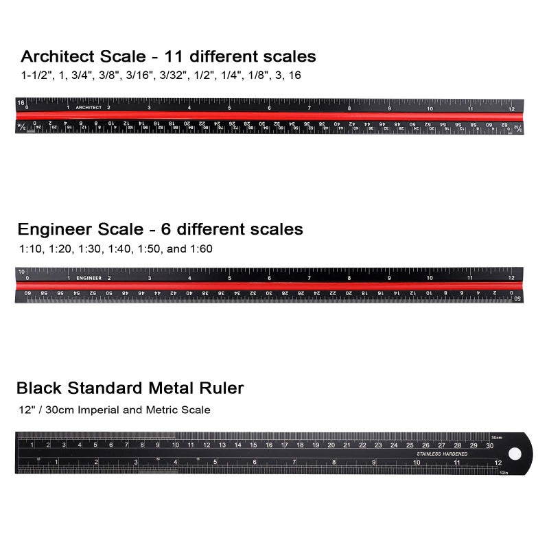 OwnMy 3 Pack 12 Inch Solid Aluminum Triangular Architect Scale Ruler Set, 3-Colors-Groove Architectural and Engineer Scale Metal Ruler Set, Clear Scales Drafting Rulers for Engineer Blueprint Project - Image 3