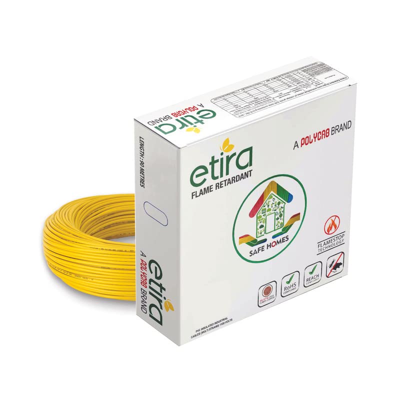 Polycab Etira 6sqmm 90M coil | Flame Retardant | 99.97% high purity copper | PVC insulated housewire [Yellow] - Image 1