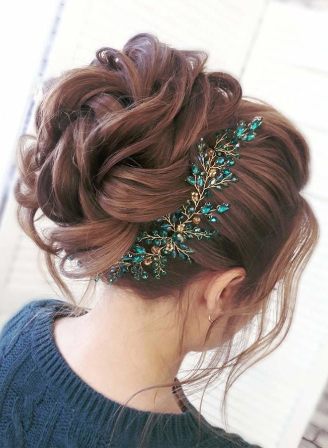 Denifery Emerald Wedding Hair Piece Green Hair Vine Bridal Gold Jewelry Headpiece Wedding Hair Accessories - Image 2