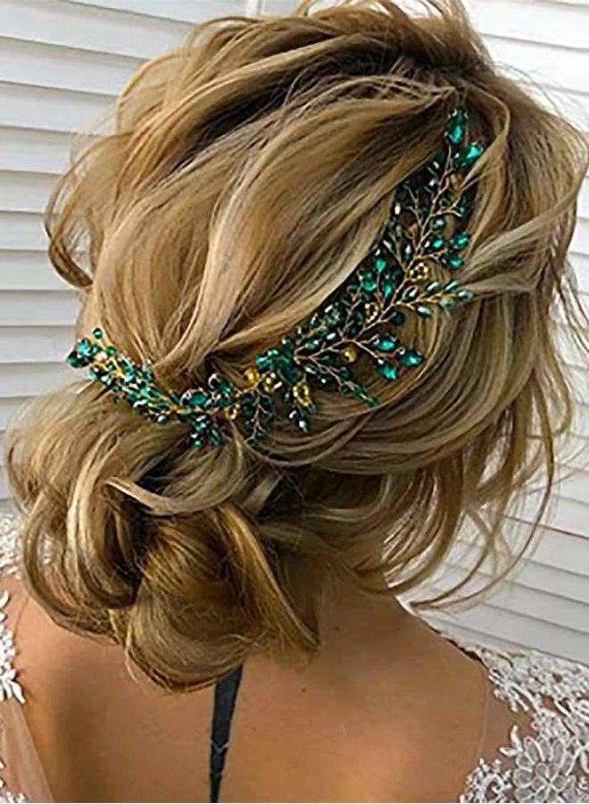 Denifery Emerald Wedding Hair Piece Green Hair Vine Bridal Gold Jewelry Headpiece Wedding Hair Accessories - Image 1