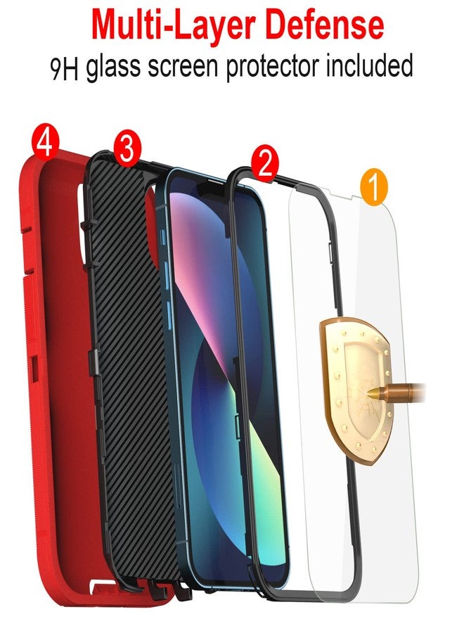 JGS for iPhone 13/iPhone 14 Case 6.1", Military Grade 3 in 1 Heavy Duty Shockproof/Drop Proof Case with 2 PCS Tempered Glass Screen Protector, Includes Holster Clip Kickstand (Red Black) - Image 2
