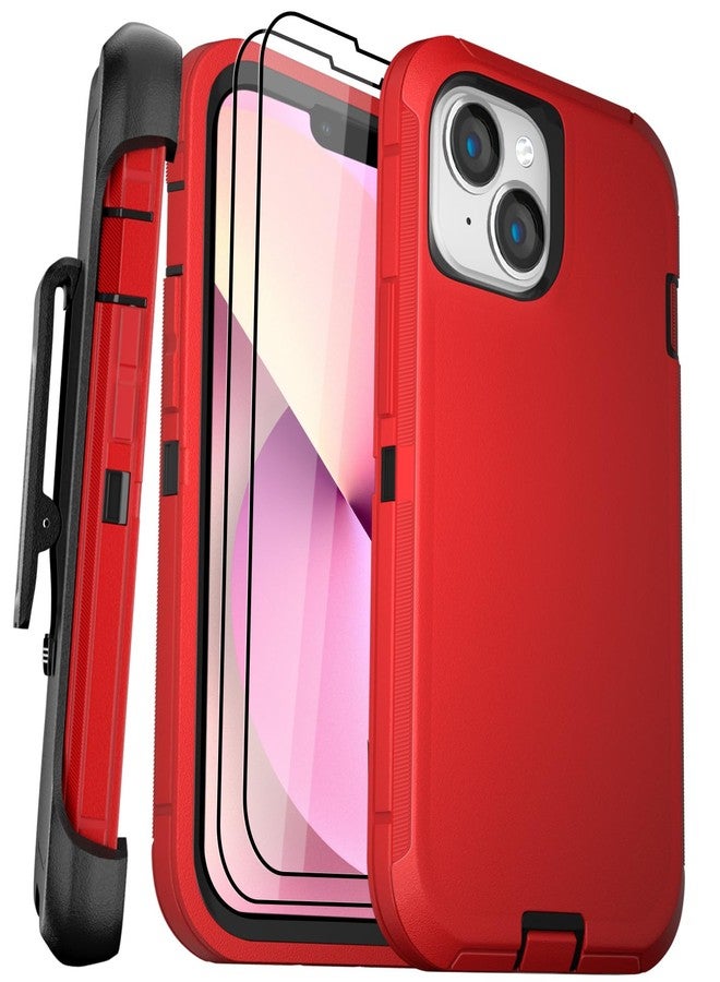 JGS for iPhone 13/iPhone 14 Case 6.1", Military Grade 3 in 1 Heavy Duty Shockproof/Drop Proof Case with 2 PCS Tempered Glass Screen Protector, Includes Holster Clip Kickstand (Red Black) - Image 1