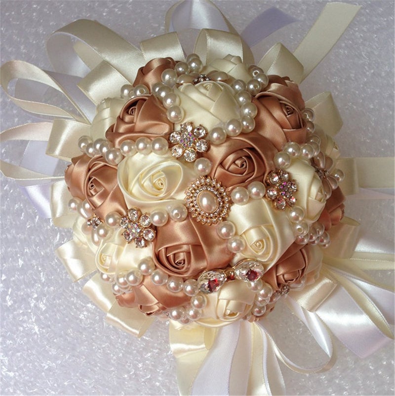 USIX Handcraft Popular Satin Rose Rhinestone Brooch Flower Pearl Bridal Holding Wedding Bouquet Wedding Flower Arrangements Bridesmaid Bouquet(Champagne+Ivory) - Image 1