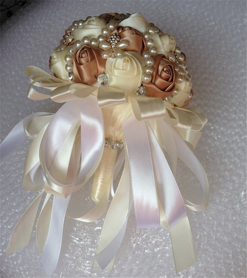 USIX Handcraft Popular Satin Rose Rhinestone Brooch Flower Pearl Bridal Holding Wedding Bouquet Wedding Flower Arrangements Bridesmaid Bouquet(Champagne+Ivory) - Image 3