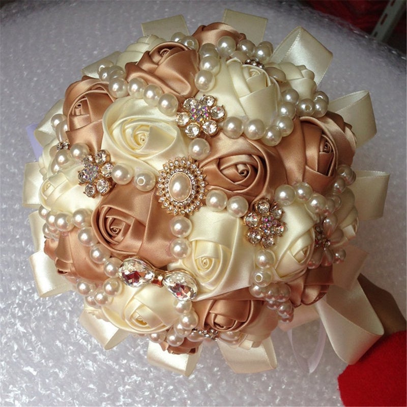 USIX Handcraft Popular Satin Rose Rhinestone Brooch Flower Pearl Bridal Holding Wedding Bouquet Wedding Flower Arrangements Bridesmaid Bouquet(Champagne+Ivory) - Image 2
