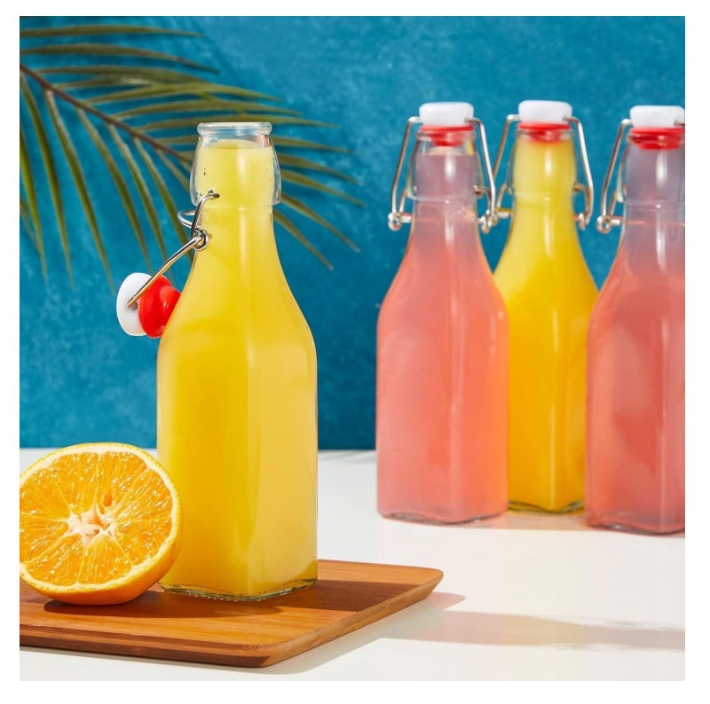 yomith Glass Bottle 250ml, Airtight Rubber Seal Leakproof Flip Cap for Home Beverages, Water, Juice, Wine, Milk, Oil, Soda (Square, Pack Of 4) - Image 1