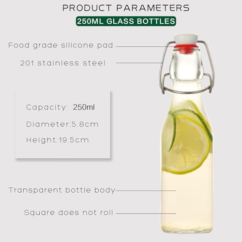 yomith Glass Bottle 250ml, Airtight Rubber Seal Leakproof Flip Cap for Home Beverages, Water, Juice, Wine, Milk, Oil, Soda (Square, Pack Of 4) - Image 4