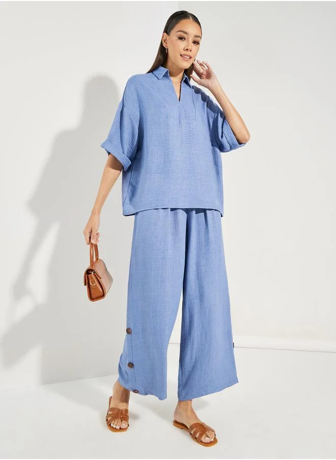 Styli Denim Look Top & Button Detail Pants Modest Set