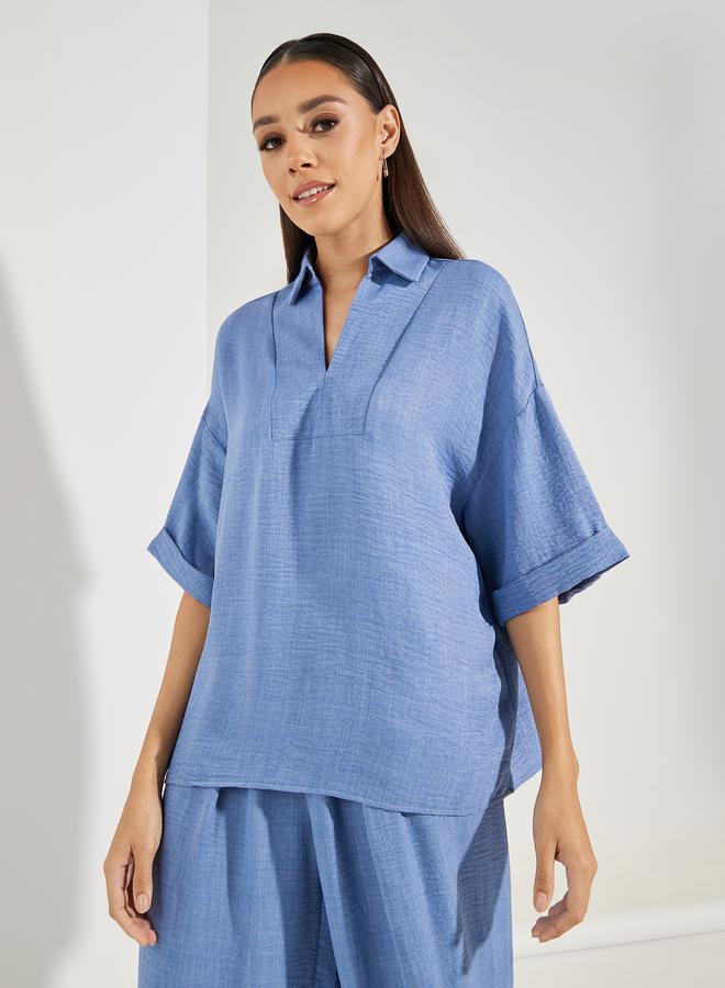 Styli Denim Look Top & Button Detail Pants Modest Set  - Image 2