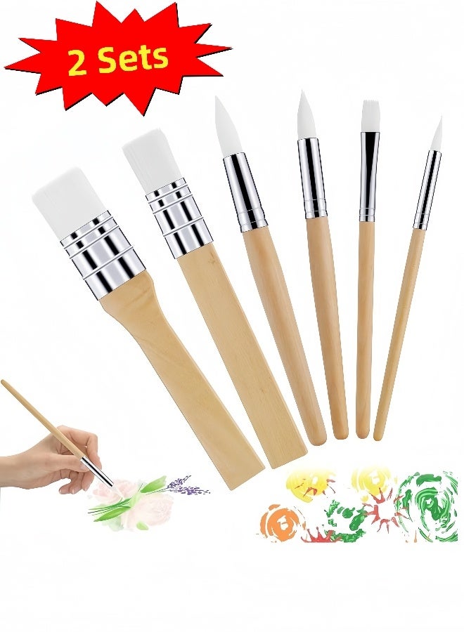 مجموعتان من 6 قطع من فرشاة الطلاء الخشبية ، فرش متعددة الاستخدامات للرسم بالألوان الزيتية والألوان المائية والصخور وفن الجسم والأظافر والحرف اليدوية DIY مجموعة فرش فنية احترافية مناسبة للفنانين والهواة - Image 1