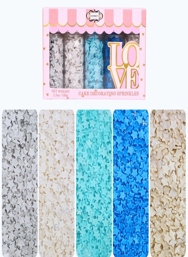 Confect Christmas Sprinkles | Frozen Sprinkles for Baking & Cake Decorative | Christmas jimmies |stars Sprinkle Pack of 5 -Blue, White, Gold and silver color Dessert Decorating -140 Gms - Image 1