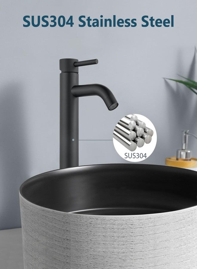 Aolemi Matte Black Vessel Sink Faucet Bathroom Faucet Tall Stainless Steel Bathroom Sink Faucet Single Handle One Hole Round Body with Pop up Drain Basin Bowl Vanity Lavatory Mixer Tap - Image 5