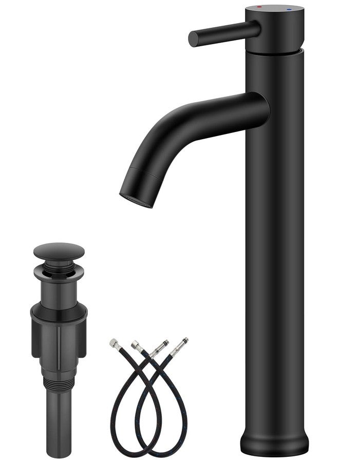 Aolemi Matte Black Vessel Sink Faucet Bathroom Faucet Tall Stainless Steel Bathroom Sink Faucet Single Handle One Hole Round Body with Pop up Drain Basin Bowl Vanity Lavatory Mixer Tap - Image 1