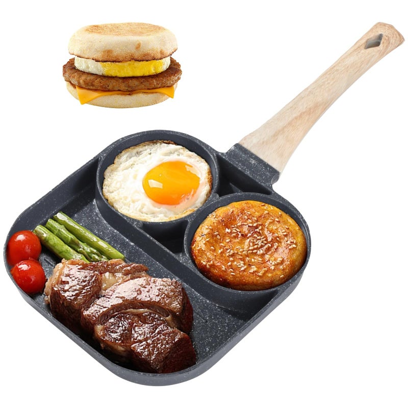 3 Section Nonstick Egg Frying Pan With Wood Handle Black - Image 2