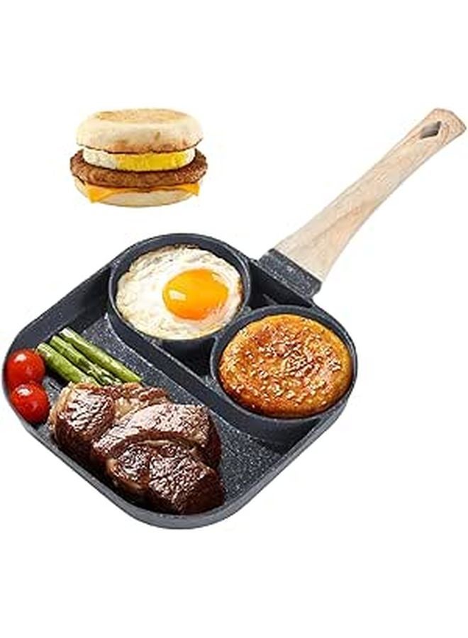 3 Section Nonstick Egg Frying Pan With Wood Handle Black - Image 1