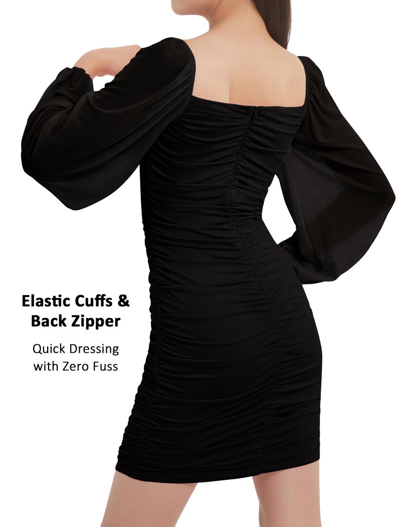 EXARUS Girls Dresses Bodycon Ruched Teens Mesh Lantern Long Sleeve Formal with Removable Pads Homecoming Dance Tight Mini Dress Short Tween Easter Black 12Y - Image 4