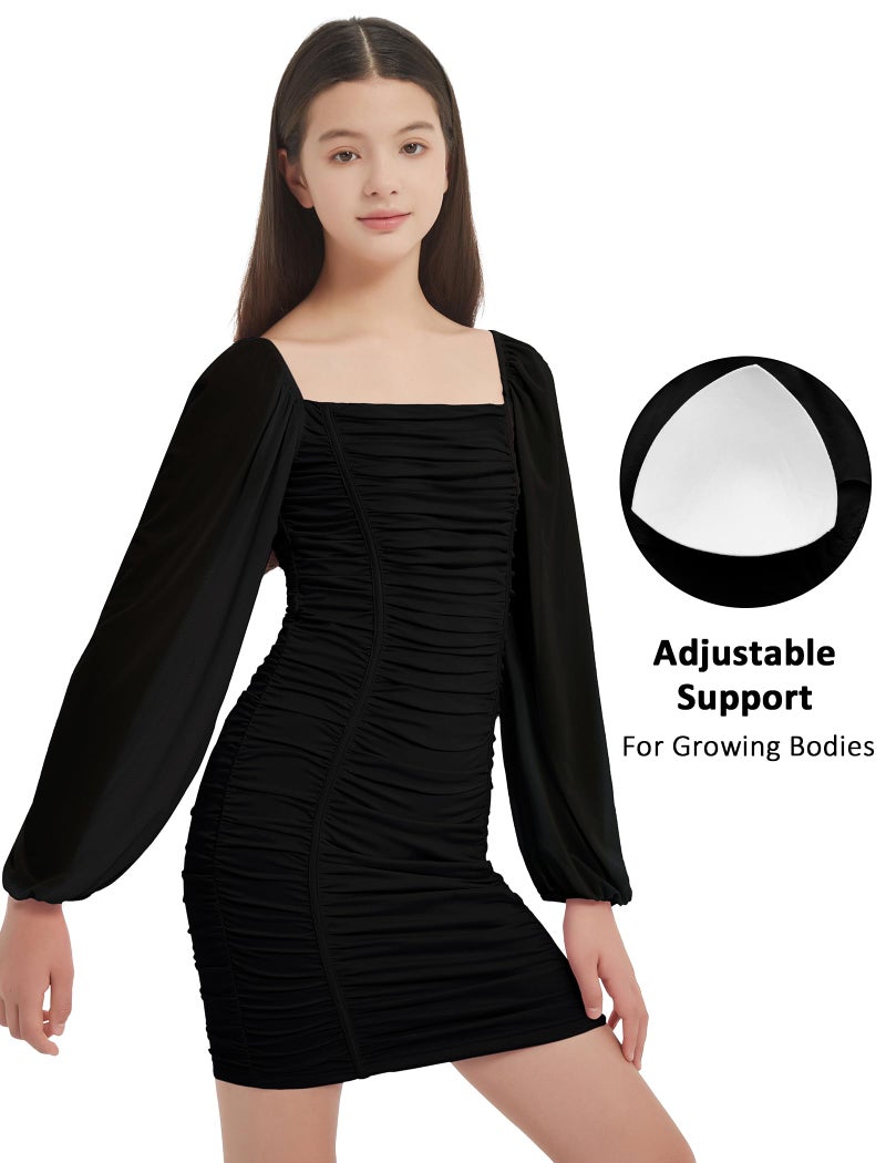 EXARUS Girls Dresses Bodycon Ruched Teens Mesh Lantern Long Sleeve Formal with Removable Pads Homecoming Dance Tight Mini Dress Short Tween Easter Black 12Y - Image 2