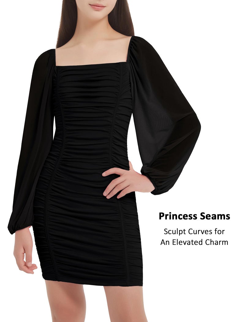 EXARUS Girls Dresses Bodycon Ruched Teens Mesh Lantern Long Sleeve Formal with Removable Pads Homecoming Dance Tight Mini Dress Short Tween Easter Black 12Y - Image 5