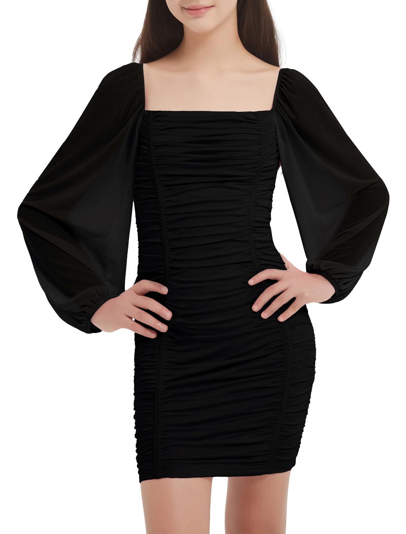 EXARUS Girls Dresses Bodycon Ruched Teens Mesh Lantern Long Sleeve Formal with Removable Pads Homecoming Dance Tight Mini Dress Short Tween Easter Black 12Y - Image 1