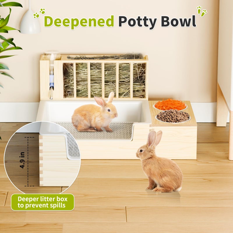 Chloraeon 4-in-1 Waterproof Wooden Rabbit Litter Box with Hay Feeder, 2 Food Bowls, and Water Bottle | Large Capacity, Waste-Preventing Design for Rabbits, Guinea Pigs, Chinchillas, and Small Animals - Image 4