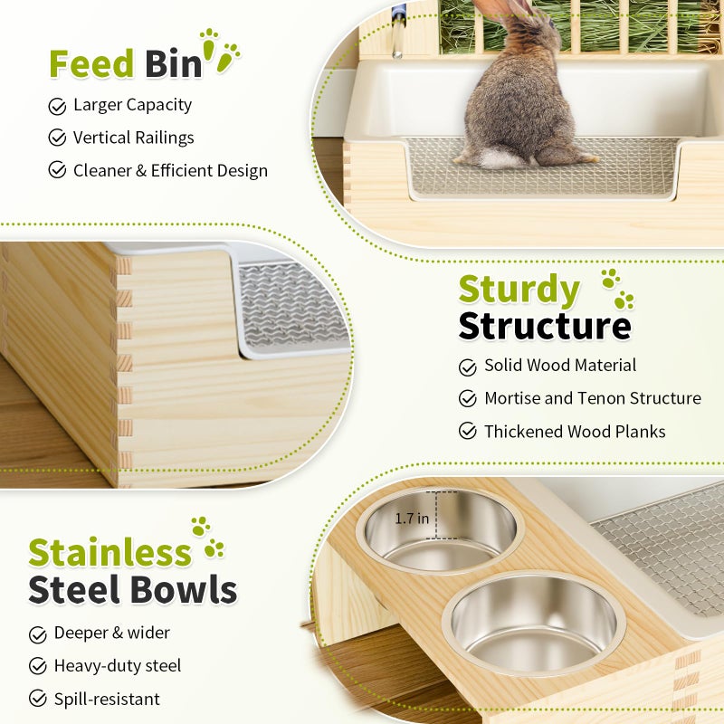 Chloraeon 4-in-1 Waterproof Wooden Rabbit Litter Box with Hay Feeder, 2 Food Bowls, and Water Bottle | Large Capacity, Waste-Preventing Design for Rabbits, Guinea Pigs, Chinchillas, and Small Animals - Image 5