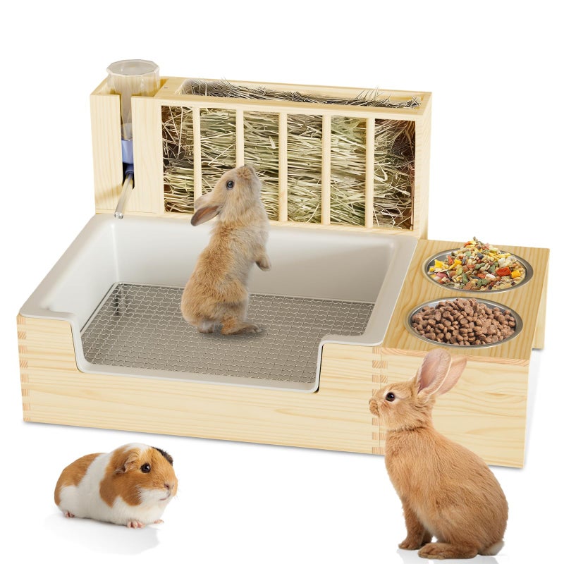 Chloraeon 4-in-1 Waterproof Wooden Rabbit Litter Box with Hay Feeder, 2 Food Bowls, and Water Bottle | Large Capacity, Waste-Preventing Design for Rabbits, Guinea Pigs, Chinchillas, and Small Animals - Image 1