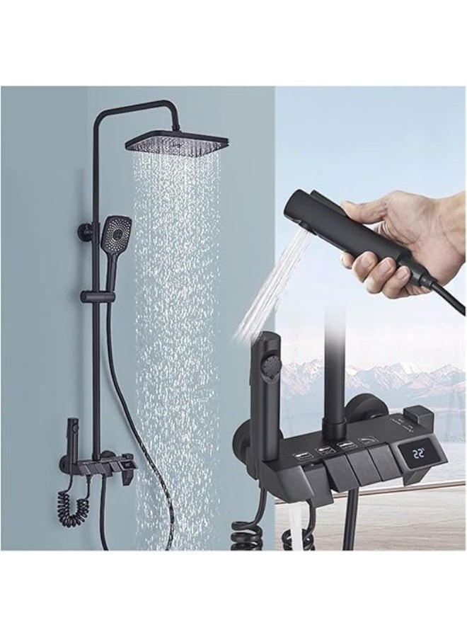 YD Thermostatic Shower Set Rainfall Shower System Wall Mounted Bathroom Shower Mixer with Digital Display Hand Shower Multi Function Shower Panel - Image 1
