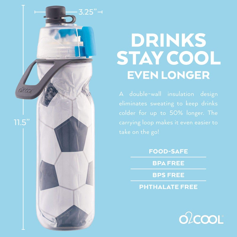 O2COOL Mist 'N Sip Misting Water Bottle 2-in-1 Mist And Sip Function With No Leak Pull Top Spout Reusable Sports Water Bottle - 20 oz (Soccer) - Image 1