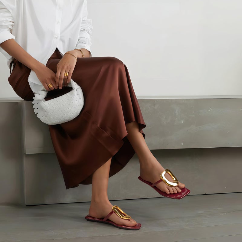 PARTY Square Toe Flip Flops Women,Fashion Designer Thong Sandals with Gold Buckle Trendy Summer Comfort Flat Sandals,BURGUNDY PU-8 - Image 3