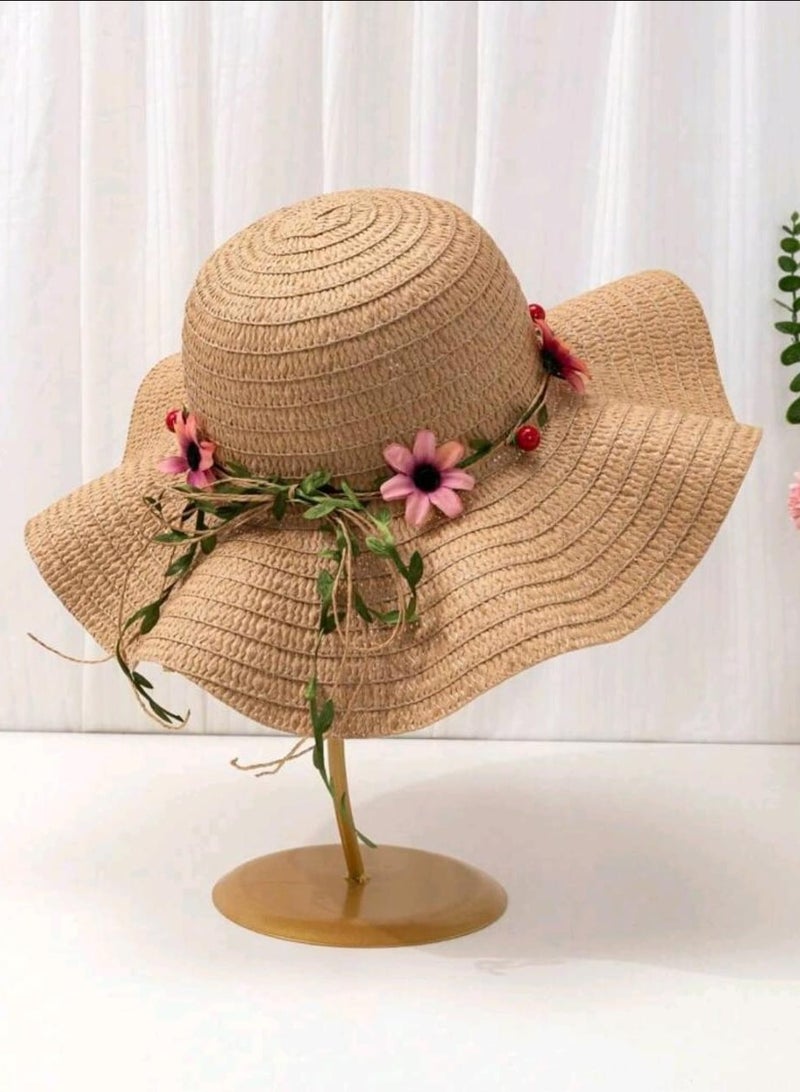 Shein 1pc Women's Khaki Wavy Striped Bow Summer Beach Sun Hat, Elegant Sun Protection For Beach Travel And Vacation - Image 1