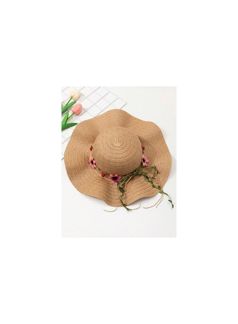 Shein 1pc Women's Khaki Wavy Striped Bow Summer Beach Sun Hat, Elegant Sun Protection For Beach Travel And Vacation - Image 4