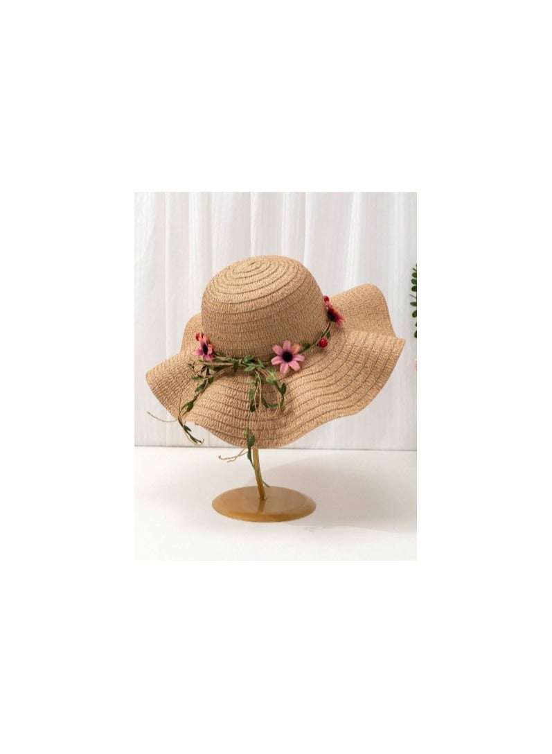 Shein 1pc Women's Khaki Wavy Striped Bow Summer Beach Sun Hat, Elegant Sun Protection For Beach Travel And Vacation - Image 3